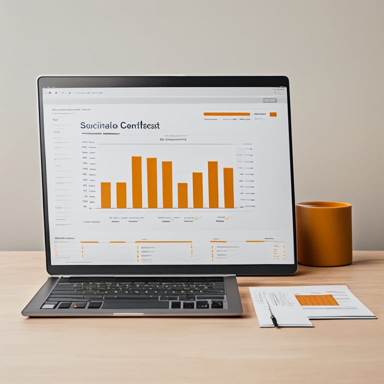 A minimalist illustration featuring a laptop with a split-screen display, showcasing a bar graph with ascending bars on one side and a certificate or badge on the other, surrounded by subtle calculator and chart elements.