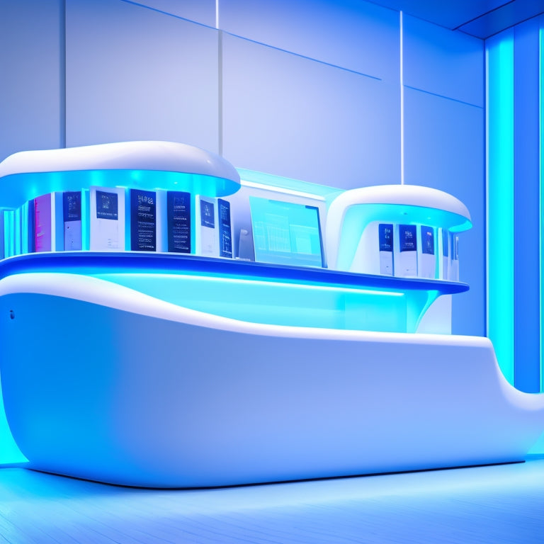 A futuristic retail counter with a sleek, glowing POS system, surrounded by swirling lines and circuits, with a ticket or receipt emerging from the screen, amidst a subtle, gradient blue background.