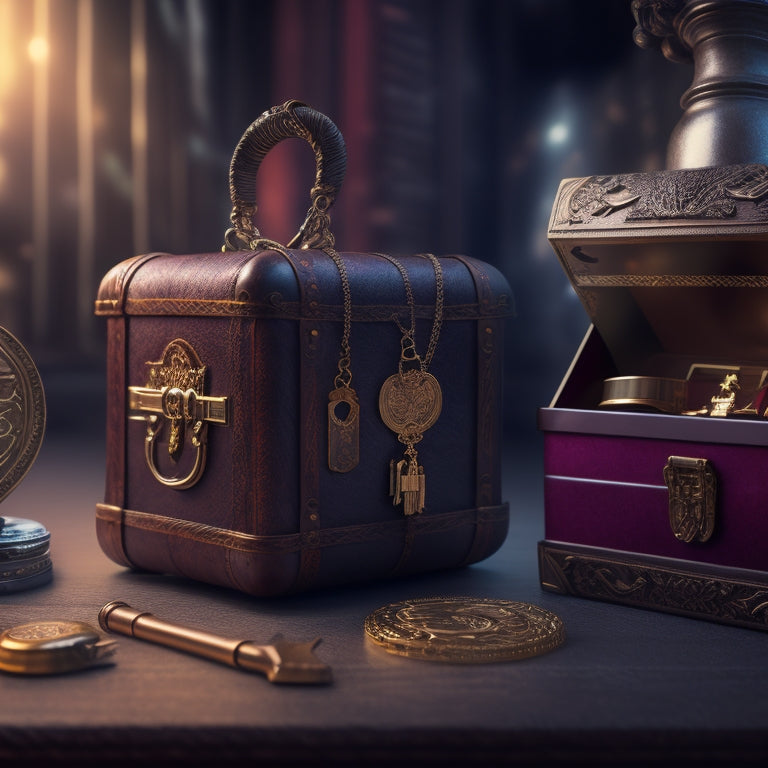 A digital key unlocking a treasure chest overflowing with various downloadable products, such as e-books, templates, and software, on a sleek, modern background with subtle gradient effects.