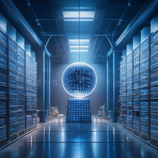 A futuristic, high-tech warehouse with rows of shelves and crates, featuring a large, transparent, glowing crystal ball in the center, surrounded by holographic graphs and charts.