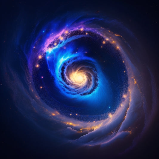 A vibrant, swirling vortex of bright, shimmering colors, with a subtle keyhole shape at its center, set against a dark blue background with scattered, glowing stars.
