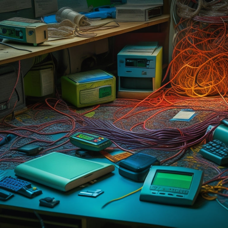 A maze of tangled digital cables and broken gauges, with a faint glow of a computer screen in the background, surrounded by scattered papers and broken calculators.