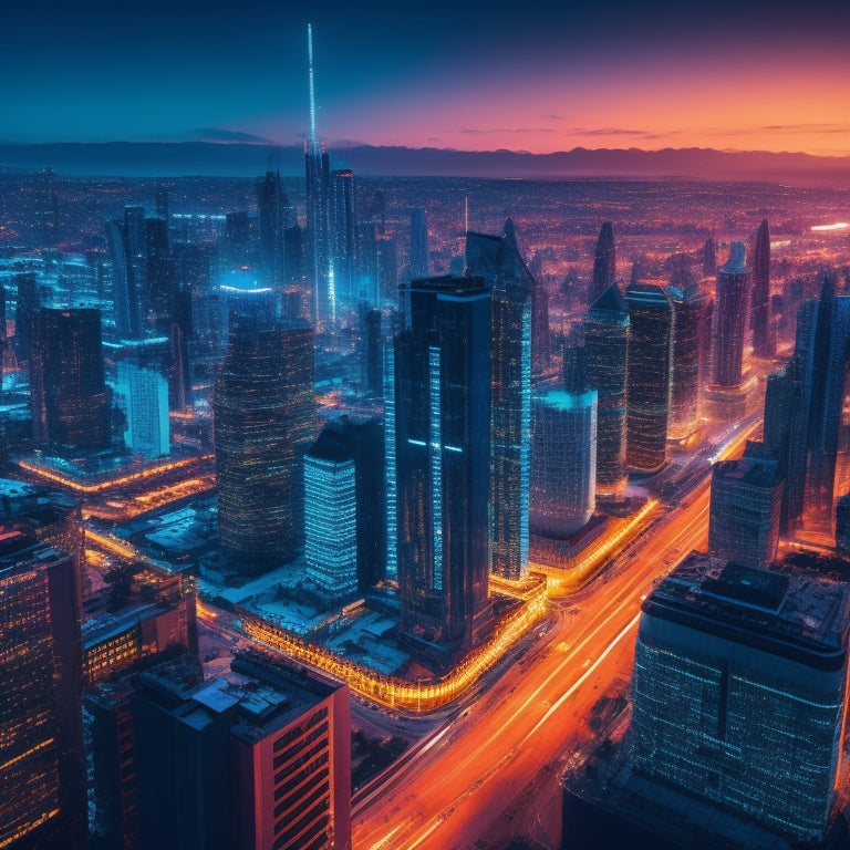 A futuristic cityscape at dusk with sleek skyscrapers, illuminated by neon lights, surrounded by circuit board patterns, and filled with floating 1s and 0s, symbolizing the intersection of technology and business.