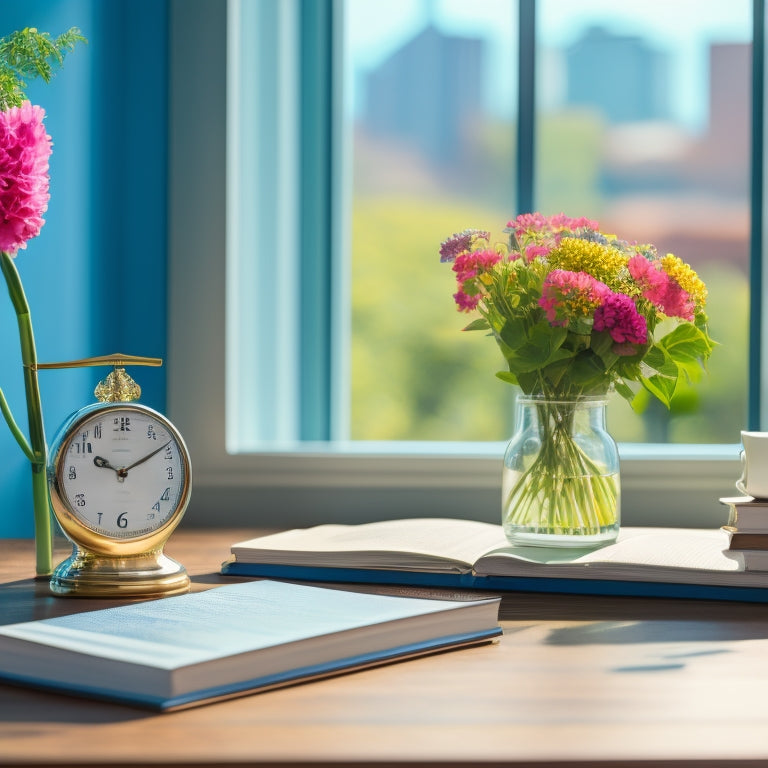 A bright, modern desk with a neatly arranged stack of books, a pen, and a clock, surrounded by blooming flowers and a subtle cityscape background, conveying a sense of learning and growth.