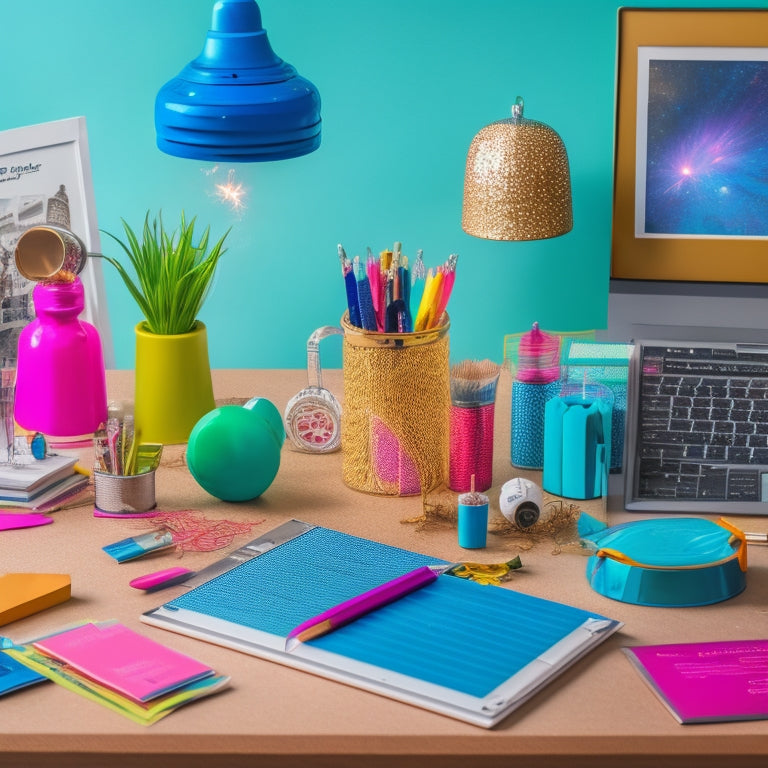 A vibrant, organized workspace with a sleek laptop, colorful pens, and scattered papers, surrounded by inspirational quotes on a corkboard, and a miniature trophy or a sparkler on the corner of the desk.