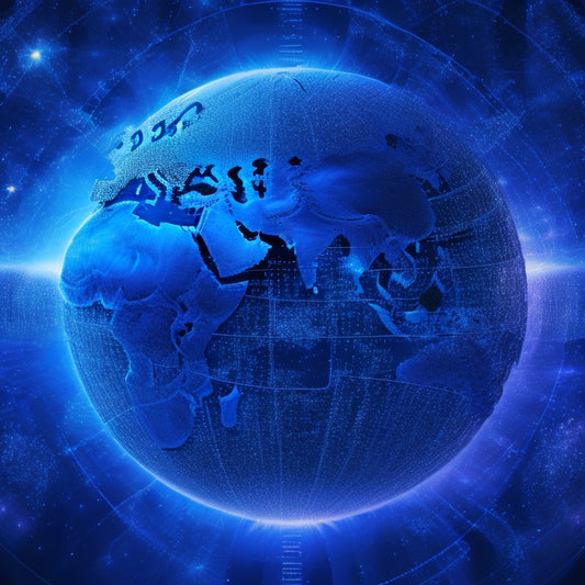 A futuristic, glowing globe with interconnected puzzle pieces, surrounded by swirling circuits, wires, and microchips, set against a dark blue background with subtle, shimmering stars.