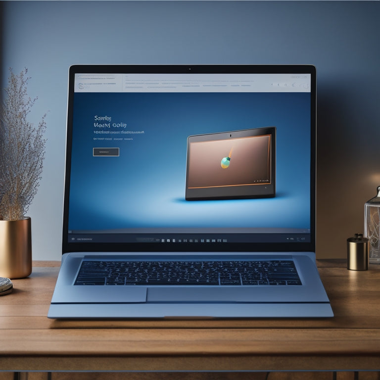 An illustration of a laptop with a split-screen display, showcasing a sleek, modern e-commerce website on one side and a customizable template interface on the other, surrounded by subtle digital sparks.