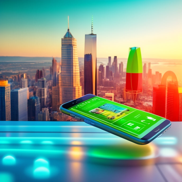 A futuristic smartphone screen displaying a sleek, minimalist e-commerce app interface with a bold, lime-green "buy now" button and a stylized, 3D shopping cart icon hovering above a blurred cityscape background.