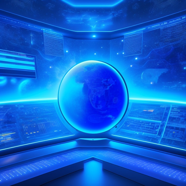 A futuristic dashboard with glowing blue lines and circuits, featuring a central Joomla logo surrounded by orbiting puzzle pieces, each representing a different extension, set against a dark, starry night sky.