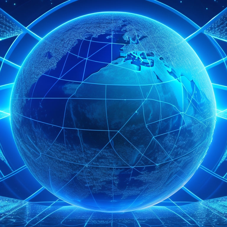 A stylized globe with glowing blue lines and nodes, surrounded by overlapping, transparent payment cards, with a subtle grid pattern in the background, conveying connectivity and data exchange.
