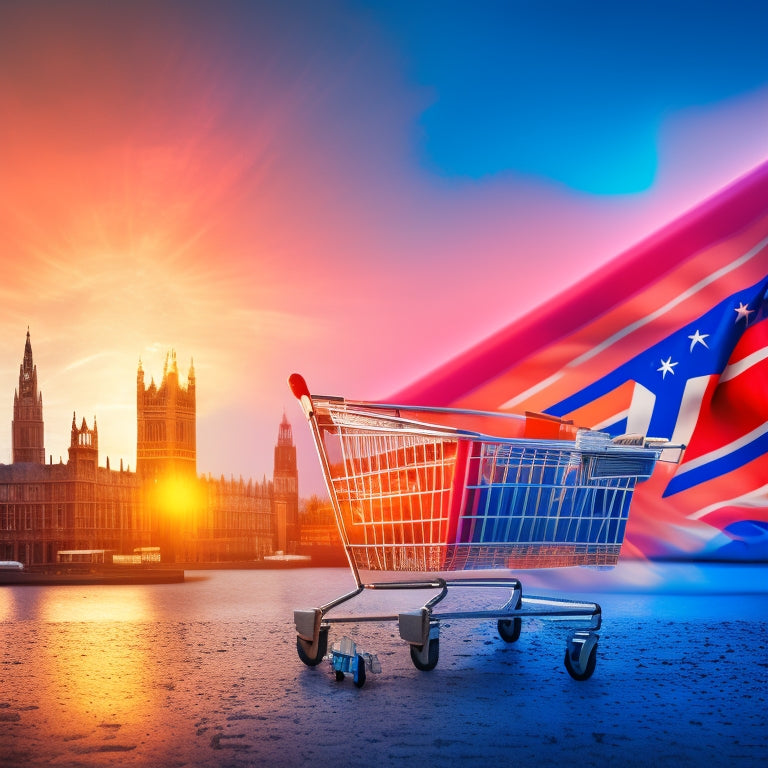 A stylized illustration of a British flag morphing into a shopping cart, surrounded by rising graphs, puzzle pieces, and gears, set against a cityscape at sunset with a subtle Union Jack pattern in the background.