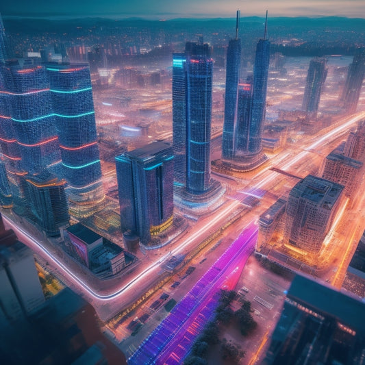 A futuristic cityscape with sleek skyscrapers and neon lights, surrounded by swirling digital patterns, shopping bags, and delivery drones, with a subtle background of circuits and wires.
