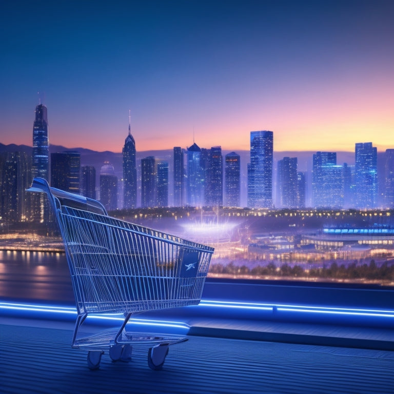 A futuristic, minimalist illustration featuring a shield protecting a shopping cart, surrounded by binary code and circuitry patterns, with a subtle background of blurred cityscape at dusk.