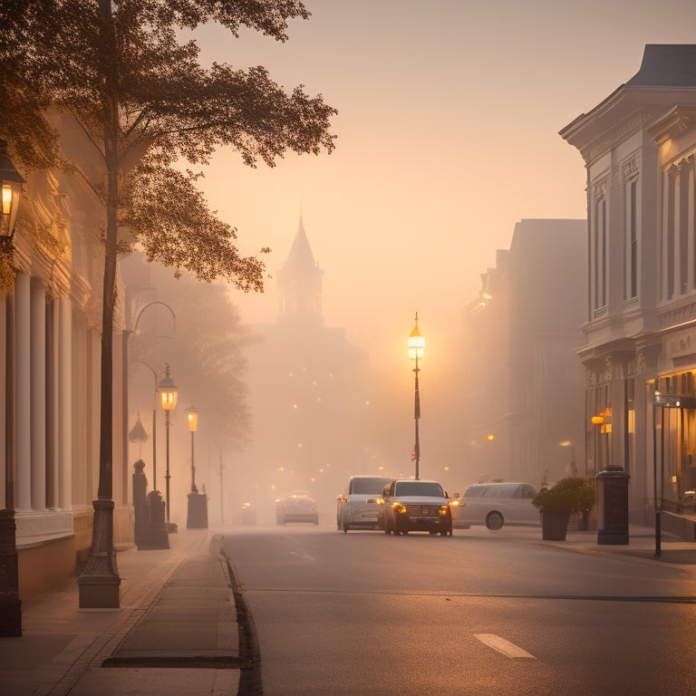 A serene Quincy cityscape at dawn, with a subtle shopping bag icon subtly integrated into the architecture, amidst a backdrop of gentle morning fog and warm golden lighting.