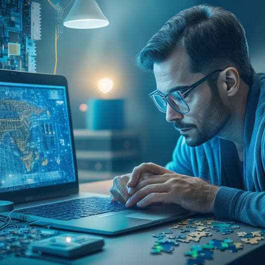An illustration of a person sitting in front of a laptop, surrounded by puzzle pieces coming together, with a subtle background of circuit boards and wires, conveying a sense of seamless digital transactions.
