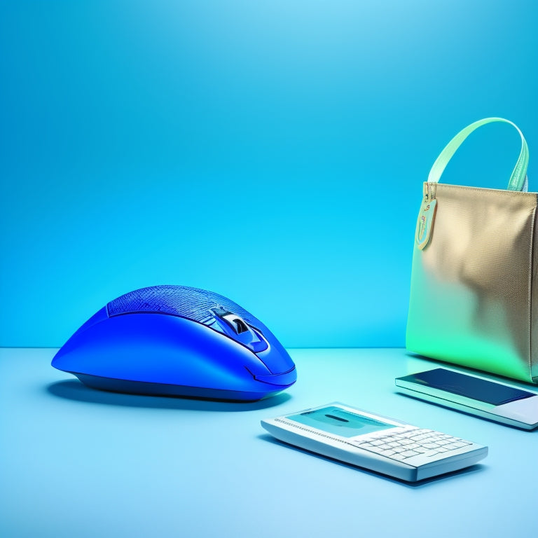 A minimalist illustration featuring a digital scale balancing a computer mouse and a money bag, surrounded by scattered 1s and 0s, with a subtle gradient of blue and green hues.