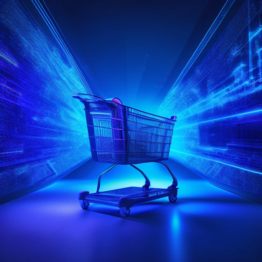 A futuristic, minimalist illustration of a stylized shopping cart bursting out of a laptop screen, surrounded by swirling digital patterns and glowing circuits, set against a dark blue background.
