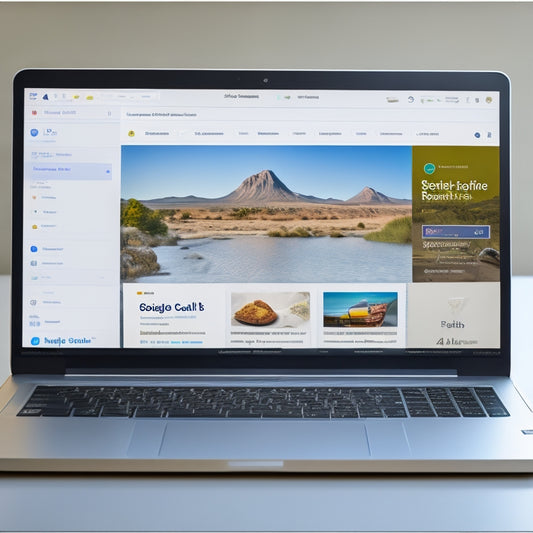 A screenshot of a laptop displaying a Google search results page with a prominent product listing ad at the top, featuring a product image, price, and retailer name, alongside a faint ecommerce website in the background.