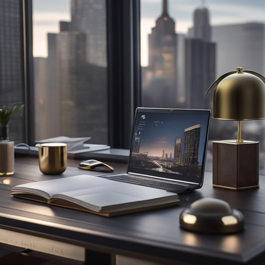A sleek, modern desk with a laptop and a few elegant, leather-bound notebooks, surrounded by subtle, golden trophies and a miniature, gleaming cityscape in the background.