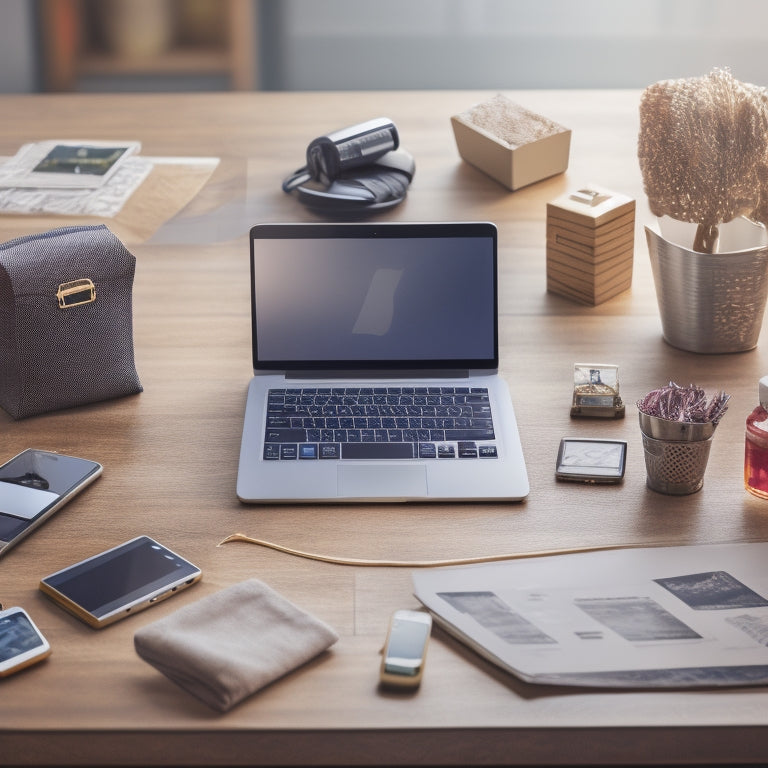 An illustration of a merchant's desk with a laptop, tablet, and smartphone displaying various digital products, surrounded by download icons, shopping bags, and arrows symbolizing seamless transactions.