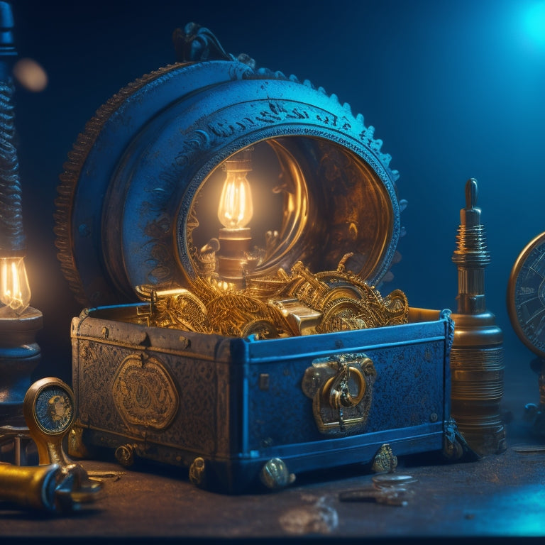 A golden key unlocking a treasure chest overflowing with gears, tools, and manuals, surrounded by a halo of light, set against a dark blue background with subtle mechanical texture.