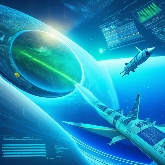 A stylized illustration of a merchant's dashboard, with a rocket ship blasting off in the center, surrounded by swirling graphs and charts in shades of blue and green, conveying speed and growth.