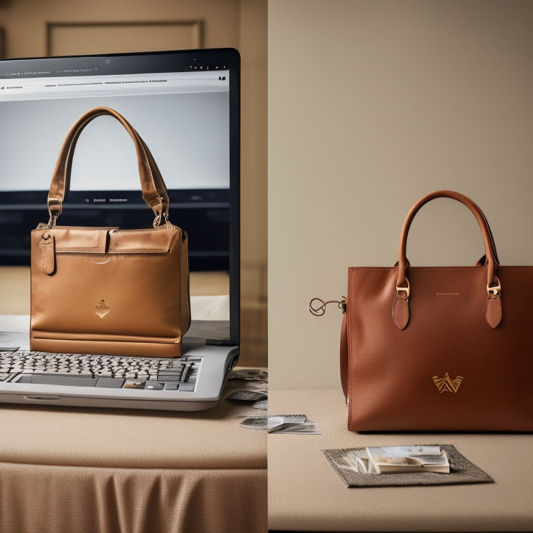 A laptop screen displaying a split-screen comparison of a successful ecommerce website versus a struggling one, with arrows and gears surrounding the successful site, amidst a subtle background of shopping bags and money symbols.