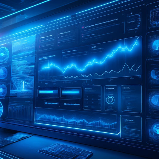 A futuristic ecommerce dashboard with glowing blue lines and circles, surrounded by rising arrows and ascending charts, set against a dark blue background with neon cityscape silhouettes.