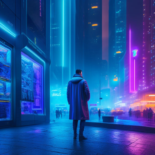 A futuristic, neon-lit cityscape at dusk with sleek skyscrapers and holographic advertisements, featuring a lone merchant standing in front of a digital storefront, surrounded by swirling shopping bags and credit cards.