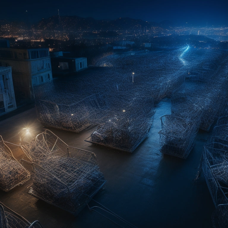 A maze of broken shopping carts, tangled wires, and cracked smartphone screens, surrounded by dimly lit, flickering light bulbs, with a subtle hint of a cityscape in the background.