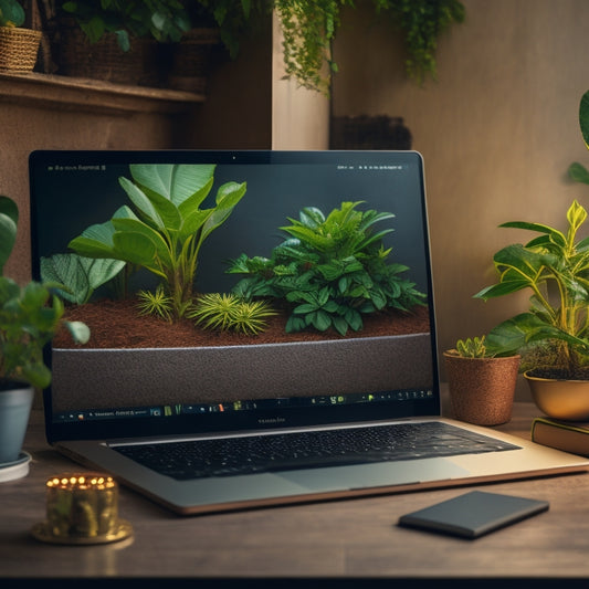 A split-screen image featuring a laptop with a glowing ecommerce website on the screen, surrounded by certificates and open books, alongside a graph with an upward trend, surrounded by coins and growing plants.