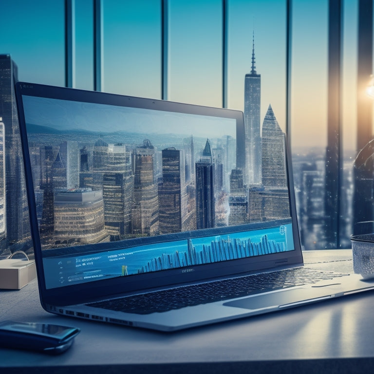 A stylized illustration of a laptop with a growing chart or graph emerging from the screen, surrounded by subtle ecommerce elements like shopping bags, boxes, and a faint cityscape in the background.