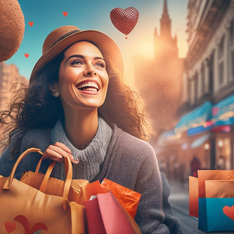 A stylized illustration of a smiling customer surrounded by floating shopping bags, hearts, and gears, with a subtle background of a cityscape or online marketplace, conveying a sense of satisfaction and loyalty.