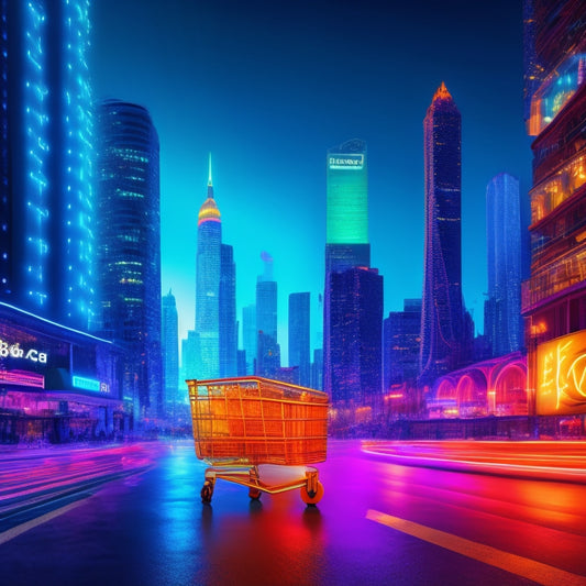 A futuristic, neon-lit cityscape with a giant cryptocurrency symbol (e.g. Bitcoin's "B") rising from a shopping cart, surrounded by swirling digital coins and orbiting ecommerce icons (e.g. Amazon, eBay).