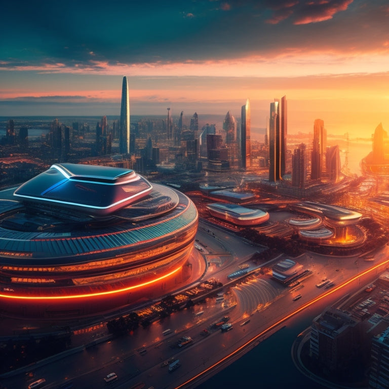A futuristic, sleek cityscape at sunset with a giant, glowing merchant services terminal in the center, surrounded by ascending arrows and orbiting icons of credit cards, smartphones, and laptops.
