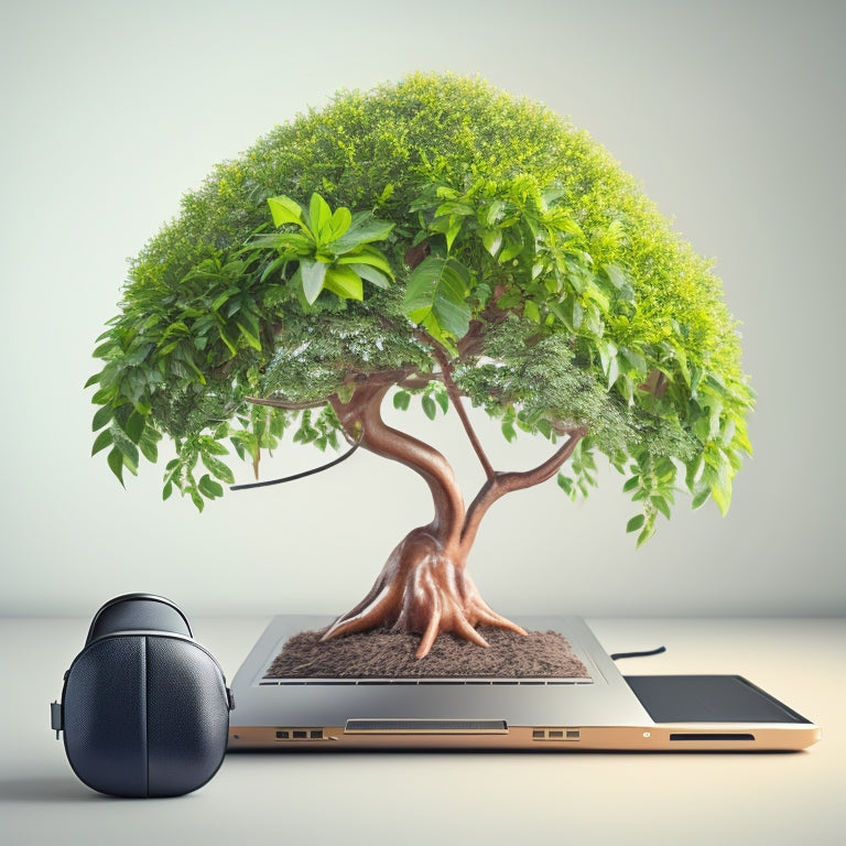 An illustration of a small, struggling plant growing into a blooming tree, with a laptop and headphones nearby, surrounded by subtle, swirling arrows and shapes, radiating upward and outward.