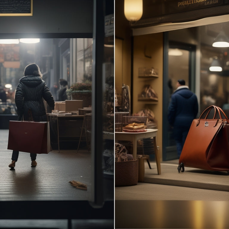 A split-screen image featuring a cluttered, dimly lit storefront on one side and a sleek, modern online learning platform on the other, with shopping bags and laptops bridging the two scenes.