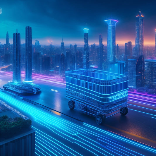 A futuristic cityscape with sleek skyscrapers and neon lights, featuring a giant shopping cart bursting out of a building, surrounded by swirling digital codes and circuit boards.