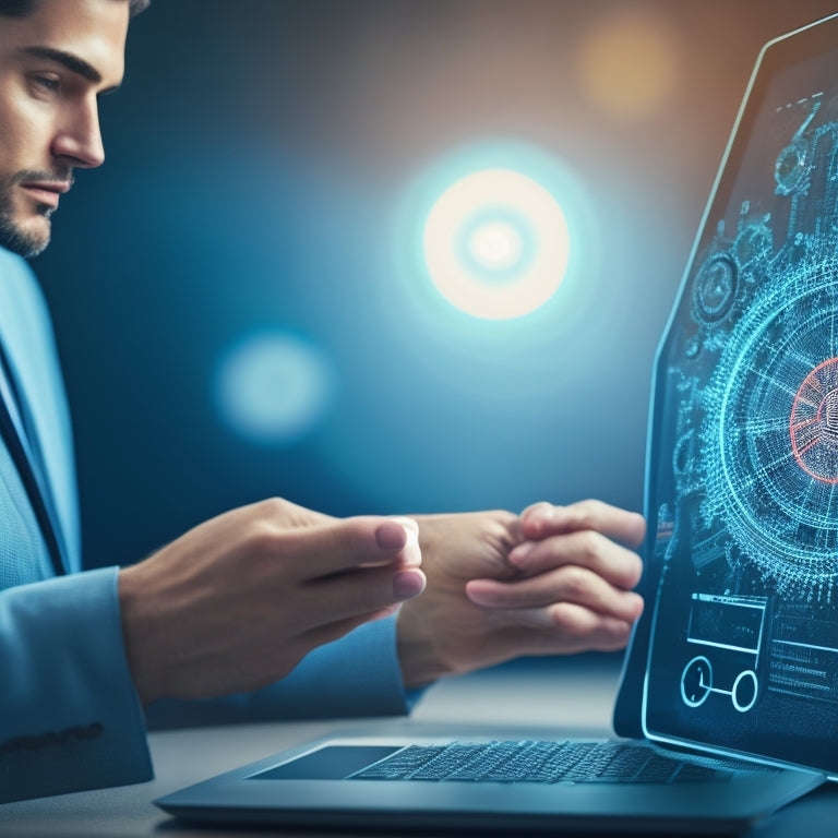 A stylized illustration of a customer holding a tablet, surrounded by swirling circles of interconnected gears, with a subtle background of ones and zeros, conveying seamless learning and retention.