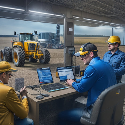 A futuristic, high-tech service center with AGCO-branded trucks and machinery, surrounded by tablets and laptops displaying diagnostic data, with skilled technicians in the background, wearing augmented reality glasses.