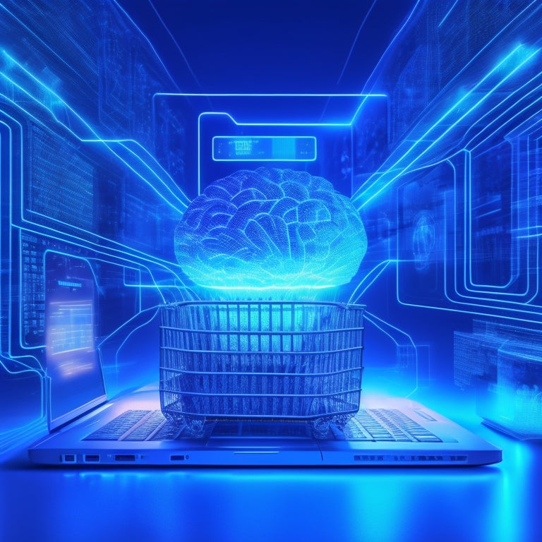 A futuristic, minimalist illustration of a laptop surrounded by orbiting e-commerce icons (shopping carts, bags, etc.) connected to a brain, with glowing blue circuits and wires symbolizing knowledge and growth.