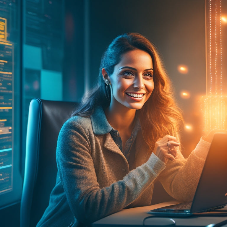A warm, inviting illustration of a customer service representative surrounded by glowing digital screens, with subtle sparks and lightbulbs appearing around them, symbolizing meaningful online interactions.