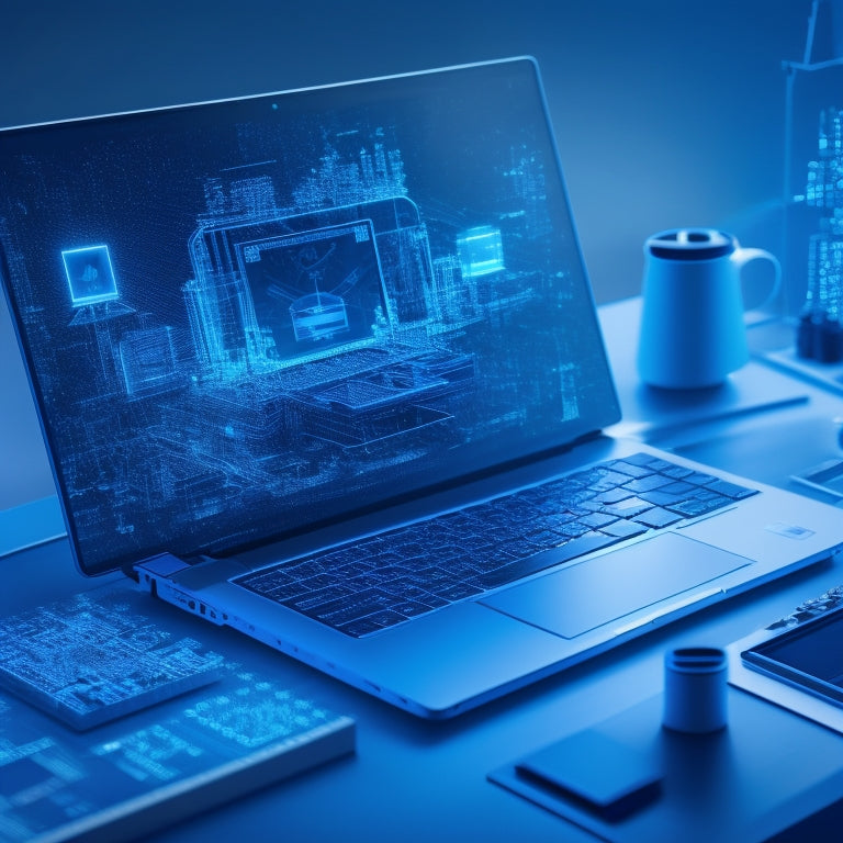 A futuristic, minimalist illustration featuring a laptop with a glowing digital product blueprint emerging from the screen, surrounded by intricate circuit boards and 3D models in shades of blue and silver.