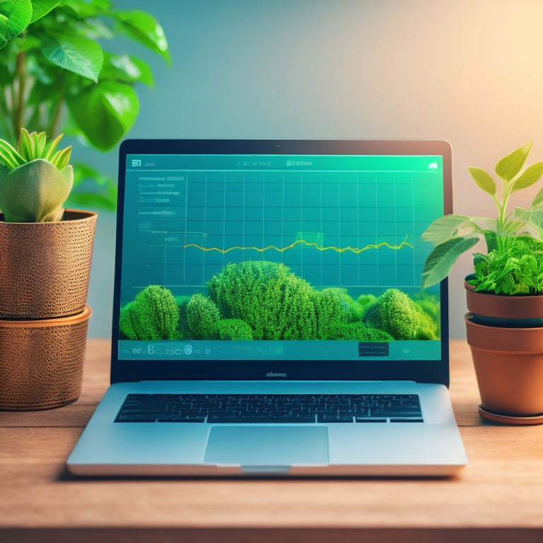 A minimalist illustration of a laptop with a glowing download icon on the screen, surrounded by stacks of coins and growing plants, set against a background of rising graphs and charts.