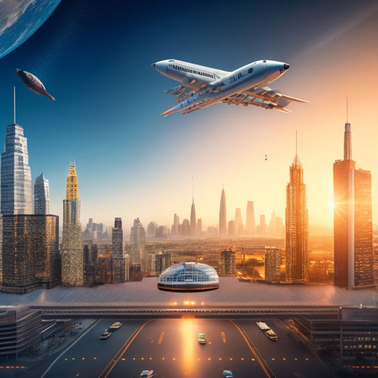 An illustration of a rocket ship blasting off, surrounded by ecommerce elements such as shopping carts, parcels, and laptops, with a cityscape or globe in the background, symbolizing growth and expansion.
