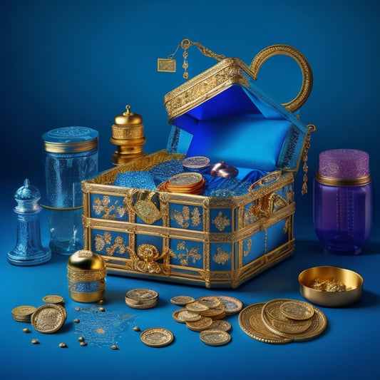 A chest overflowing with gold coins, jewels, and sparkling diamonds, surrounded by ecommerce icons like shopping carts, laptops, and mobile devices, set against a dark blue background with subtle treasure map patterns.