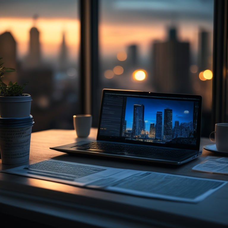 A darkened laptop screen with a frozen cursor, surrounded by scattered papers, abandoned coffee cups, and a crumpled up newspaper, set against a blurred cityscape at dusk.