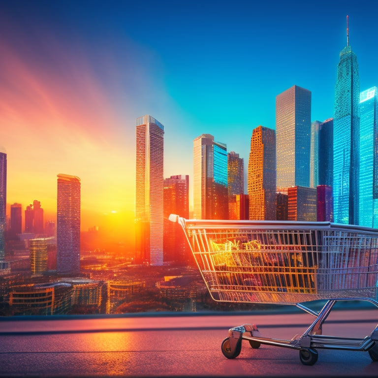 An illustration of a shopping cart overflowing with coins, surrounded by upward-trending graphs, laptops, and smartphones, set against a background of city skyscrapers at sunset.