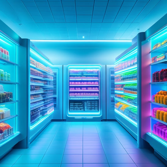 A futuristic supermarket interior with holographic product displays, self-checkout robots, and augmented reality shelves, illuminated by sleek neon lights and surrounded by minimalist, metallic architecture.