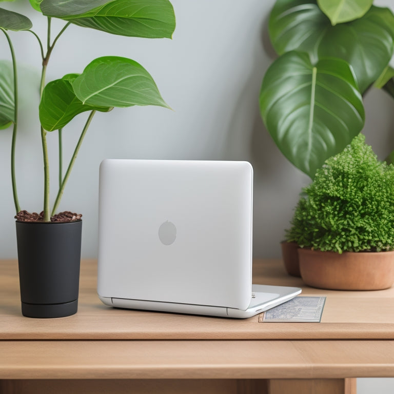 A serene, minimalist illustration of a laptop and a payment terminal on a sleek, wooden desk, surrounded by calming green plants, conveying ease and efficiency.